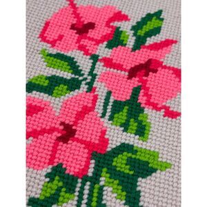 Vintage Unframed Needlepoint Picture Pink Flowers 70s Decor